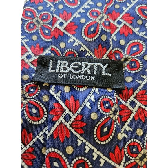 Liberty Of London Men Silk Necktie Geometric Pattern Red & Blue Made In USA - Picture 1 of 9